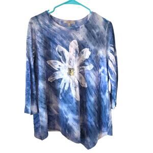 Jess + Jane Womens Daisy Flower Long Sleeve Top Size Large Blue